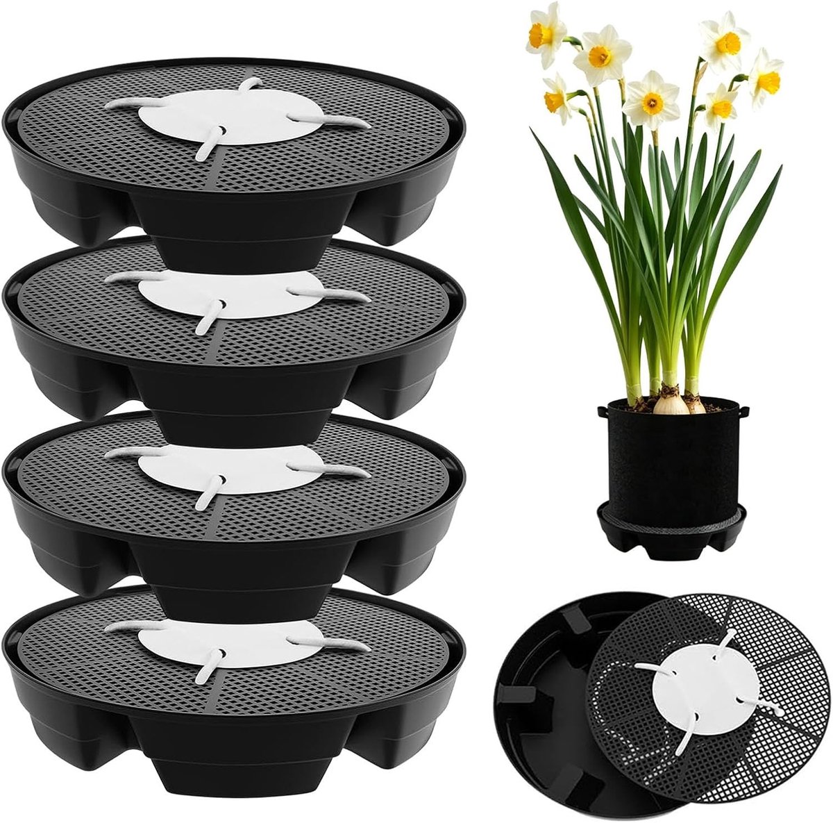 Zelfbewaterende stoffen onderzetters - 4 stuks, rond met rooster en zuigkoord, ideaal voor binnen en buiten, perfect voor vetplanten en kasgebruik
