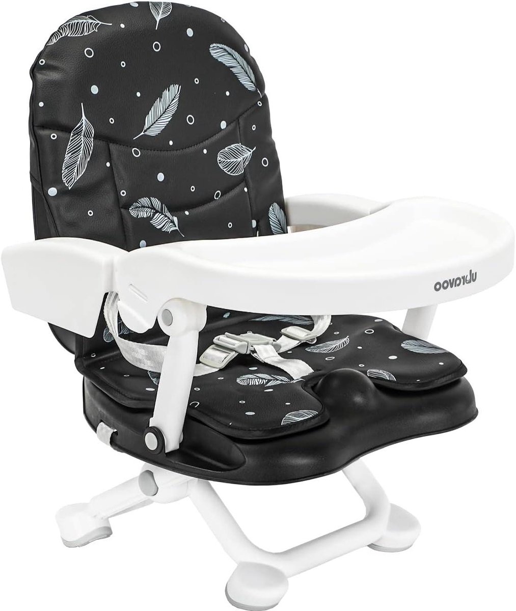 Draagbare Stoelverhoger - Baby Booster Seat - Samen Eten - Lichtgewicht en Opvouwbaar - 4 Verstelbare Hoogtes - Zwarte Veer