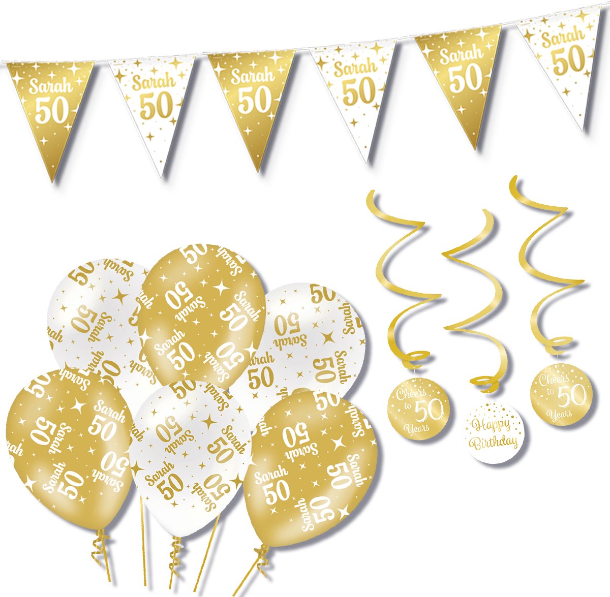 BTH – Sarah – Wit-Goud – Verjaardag Set – 50 Jaar – Ballonnen-Swirls-Vlaggenlijn – Alles-in-1 – Decoratie Pakket