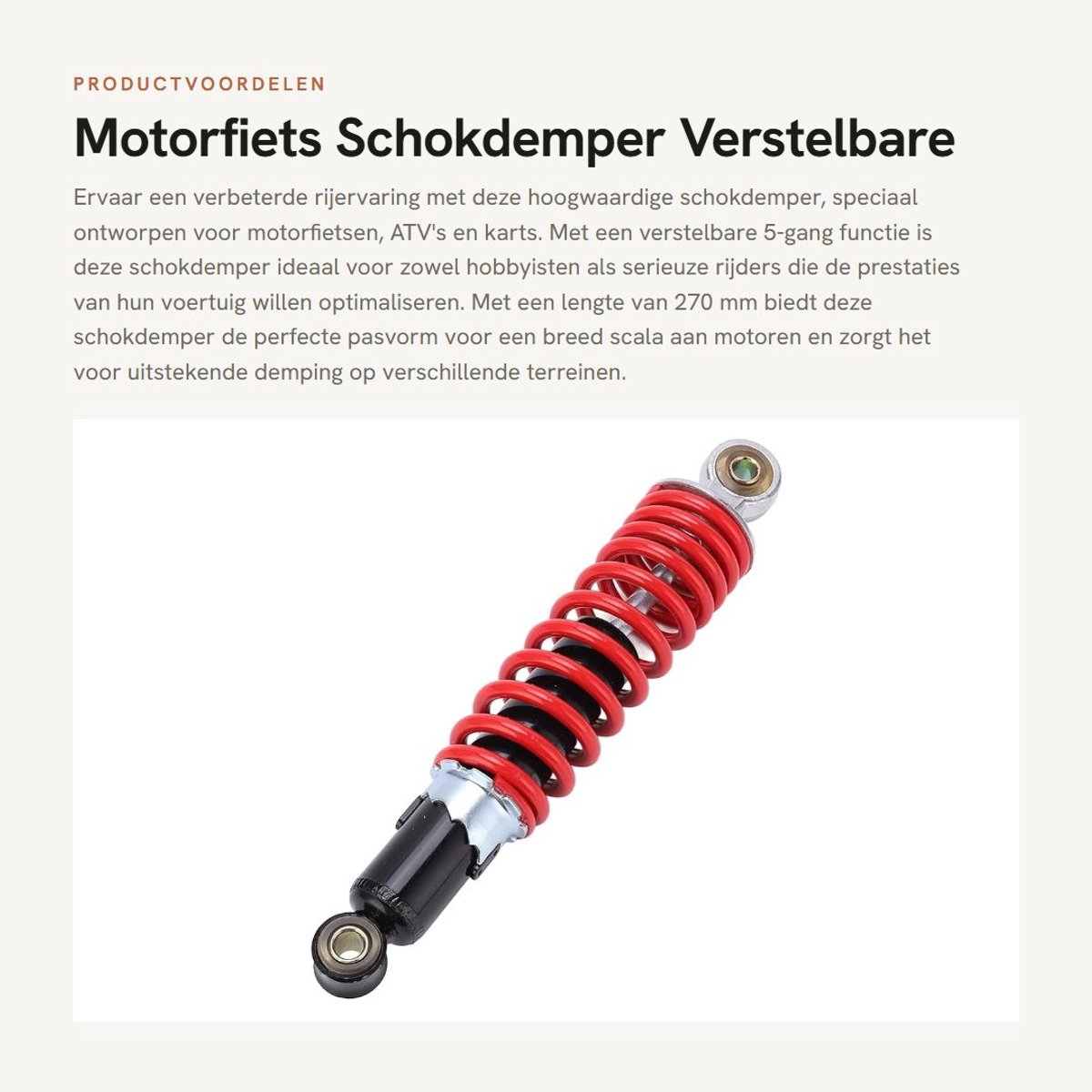Dailygoods- Schokdemper 270mm - Verstelbaar - Motorfiets - ATV - Kart - Staallegering + Veer - Vering