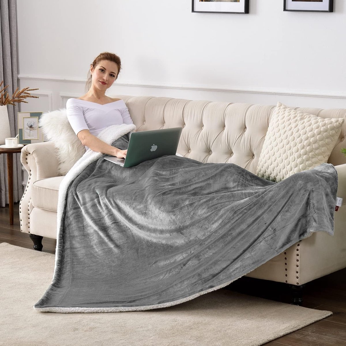 Sherpa Deken, grijs, tweezijdige woondeken, knuffeldeken, extra dikke warme bankdeken, van Sherpa, 220 x 240 cm, super fleece deken als bankovertrek of woonkamerdeken