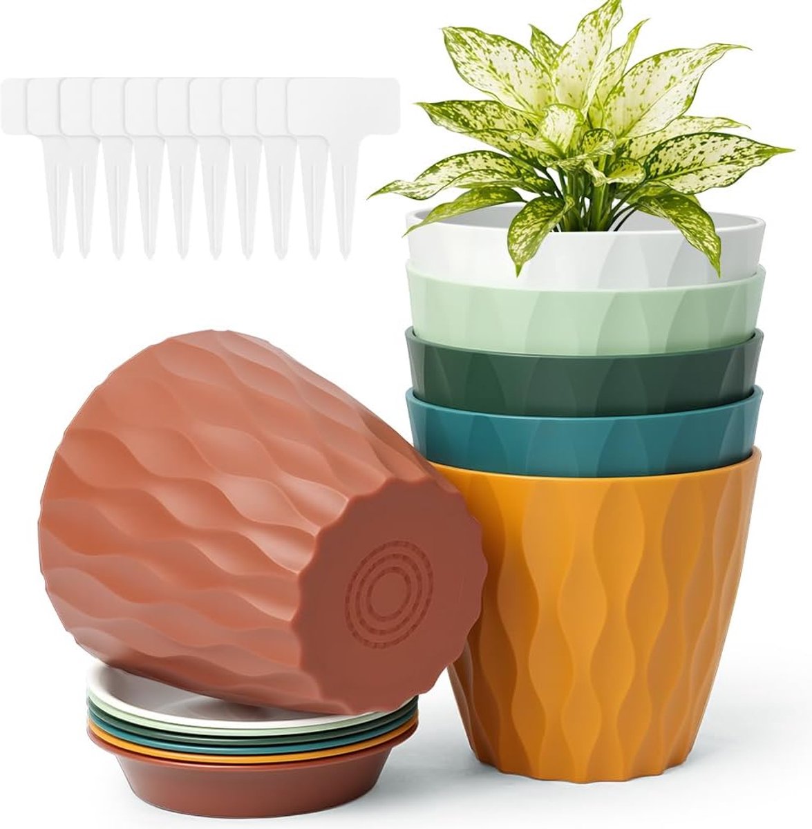 Bloempotten, 10 cm, kleine potten van uv-bestendig kunststof, met afvoergaten en onderzetter, Scandinavisch voor binnen en buiten, bloemen, cactusplanten, cadeau voor tuinman