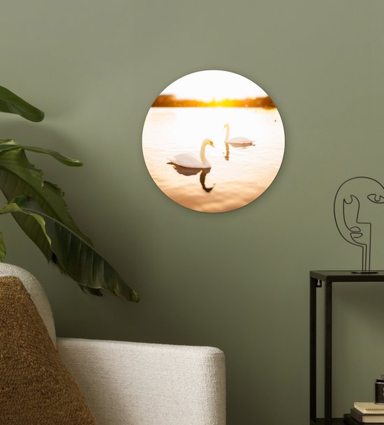 Deux cygnes nagent dans l'eau pendant un coucher de soleil lumineux Assiette en plastique cercle mural Ø 30 cm - impression photo sur cercle mural / cercle vivant (décoration murale)