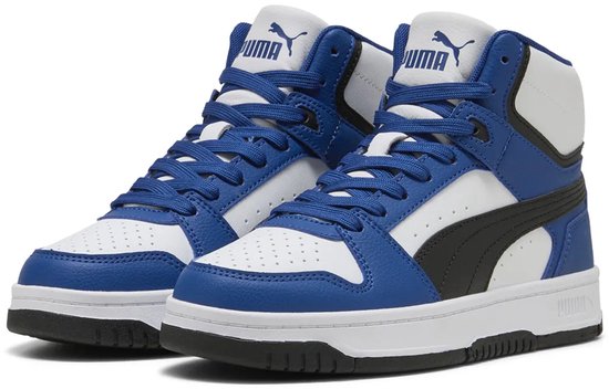 Witte, blauwe en zwarte PUMA hoge sneakers met veters.