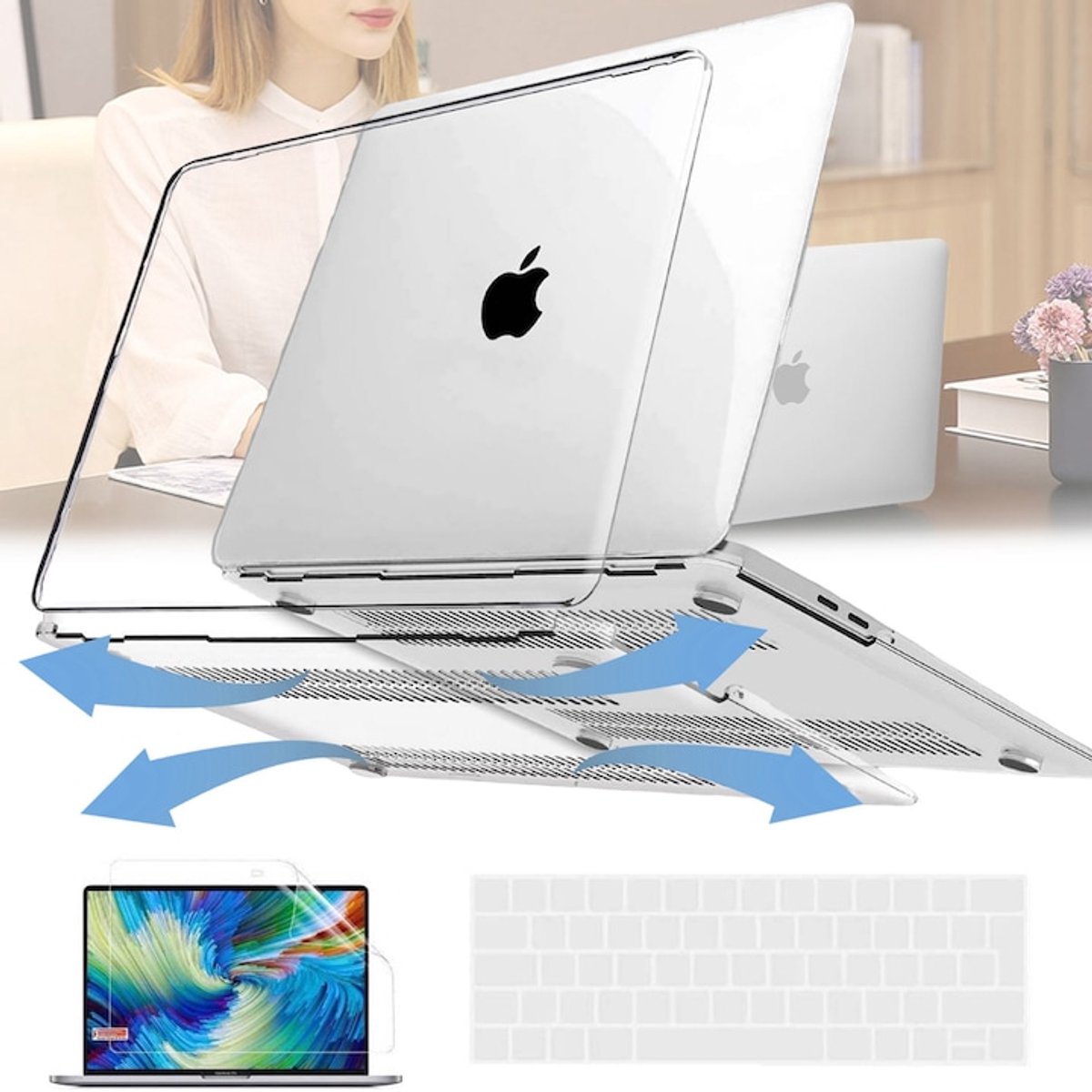 Geschikt voor MacBook Air Cover Hoesje 13 inch - TENZHVXI® - A1932/A2179/A2337 - Inclusief toetsenbordbeschermer en screenprotector van gehard glas - Gemaakt van milieuvriendelijk, niet-giftig en geurloos kunststof - Transparant