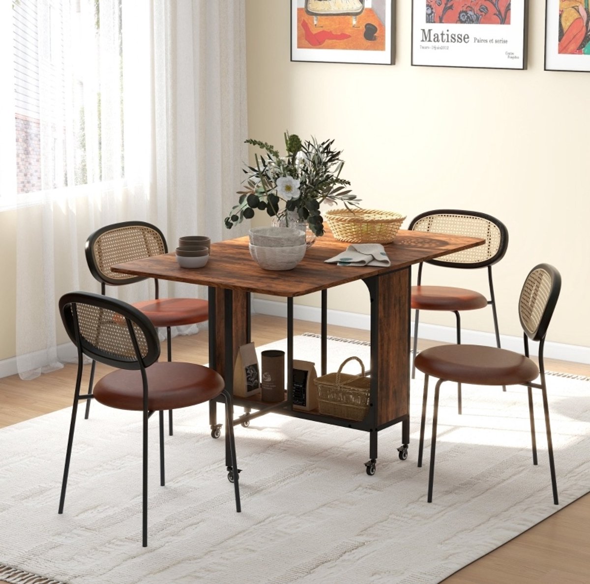 MEUNIQ Klapbare eettafel voor 6 personen, 130 x 80 x 74 cm, met opbergruimte en wielen, opklapbaar, rustiek bruin Rustiekbruin