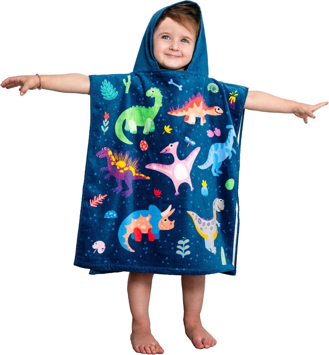 Kinderponcho, badponcho, capuchonhanddoek, badhanddoek, badhanddoek, strandhanddoek, badhanddoek, met capuchon, voor jongens en meisjes, 100% katoen (dinosaurus)