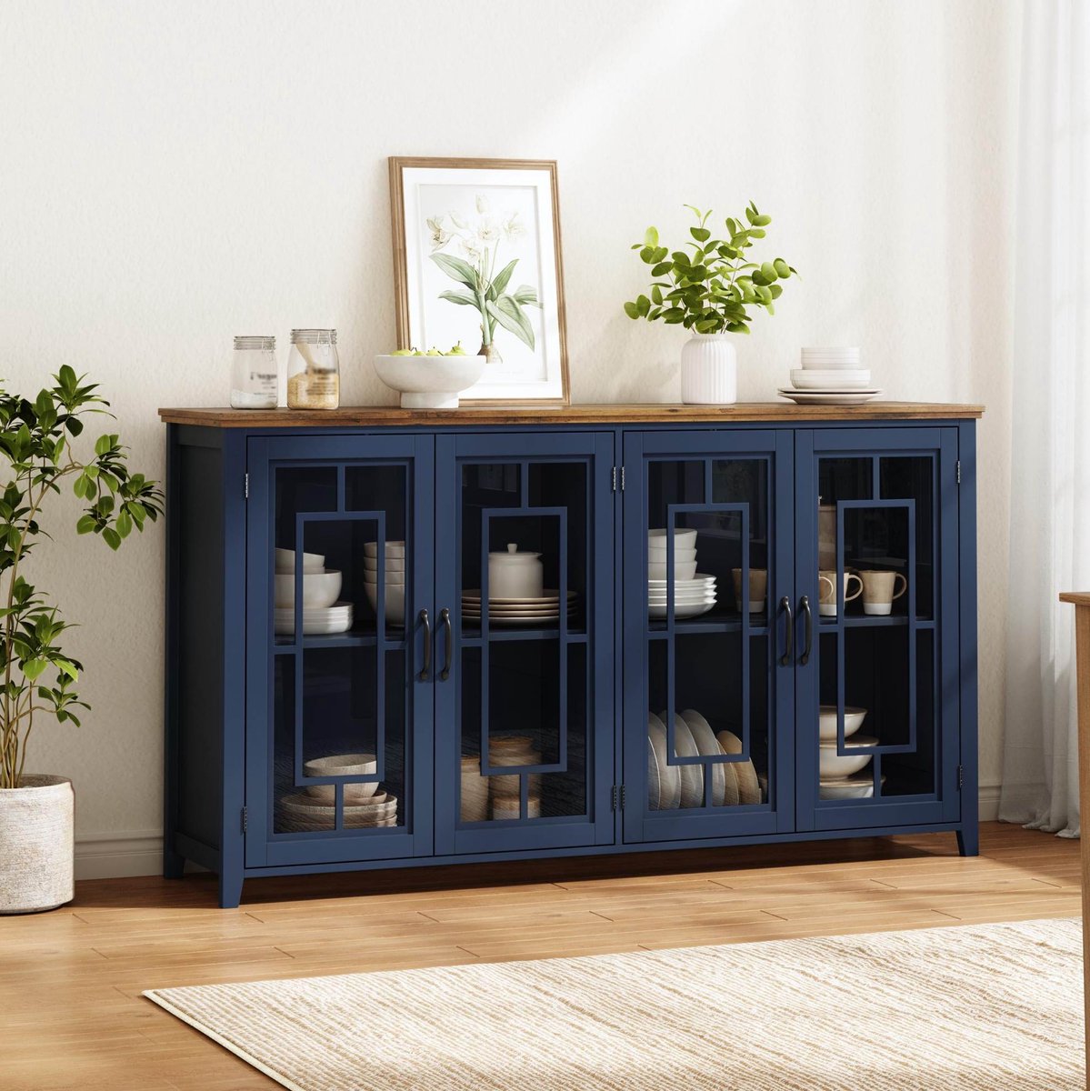 STILVORA Keukenkast - Opbergkast Met Glazen Deuren En Anti-Kipbeveiliging - Voor Keuken Eetkamer En Woonkamer - MDF - 160x40x86 Cm - Blauw