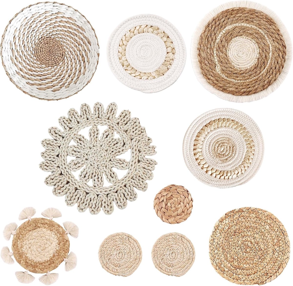 Mand Decor Set - 10 Stuks Handgeweven Wandmand Set, Rustieke Art Macrame Muur Decor voor Wanddecoratie Woonkamer, Boerderij, Kinderkamer