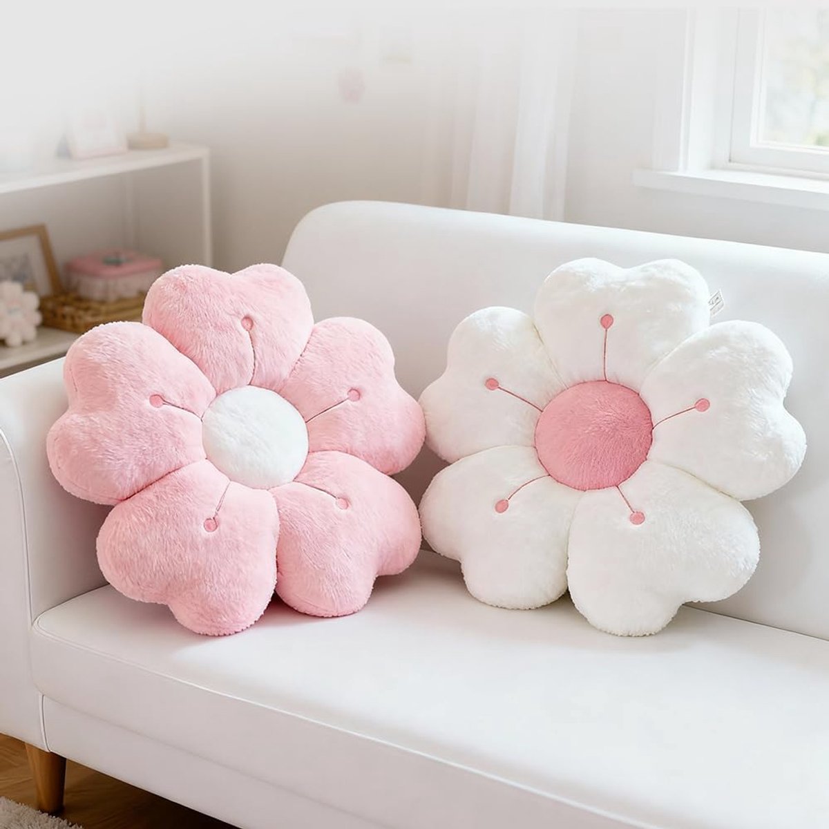 2 stuks, 35 cm, zacht kussen, bloemenvorm, wollig vloerkussen, madeliefje, bloemen, vloerkussen voor kamerdecoratie, bank, bed (wit + roze)