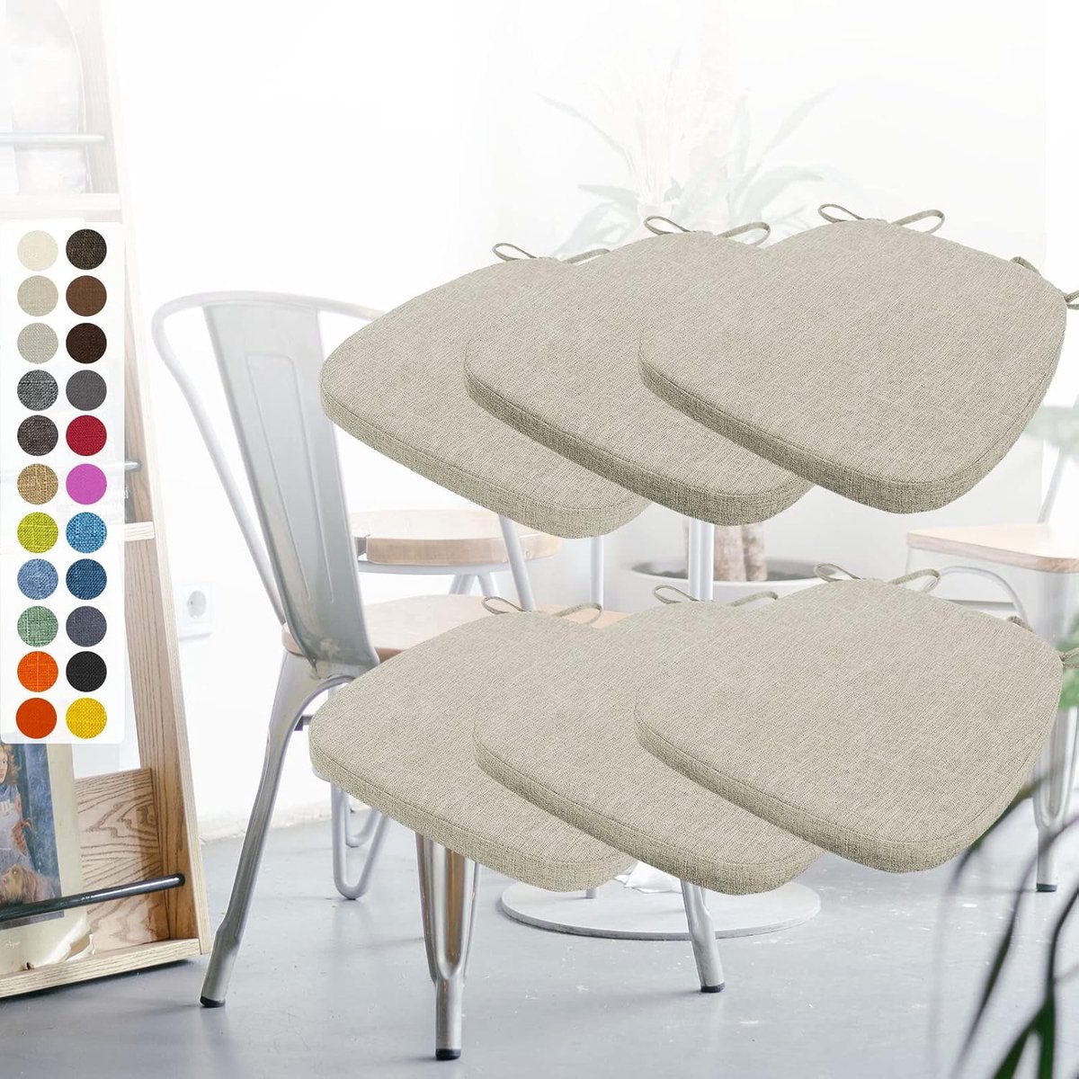 Set van 6 stoelkussens, 40 x 38 x 3 cm, met banden, wasbaar zitkussen, antislip, afneembare overtrek met ritssluiting, ideaal voor thuis, kantoor, keuken, eetkamer, beige-grijs