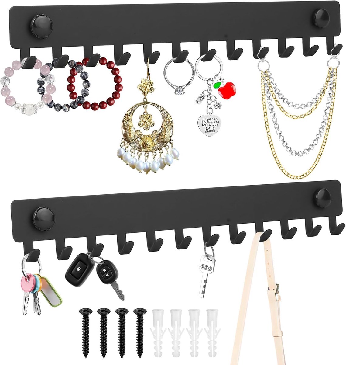 Set van 2 zwarte hangende sieradenorganizer, wandgemonteerde ketting en armbandhouder met elk 12 haken, metalen sieradenopbergdisplay voor ringen, oorbellen, kamerdecoratie
