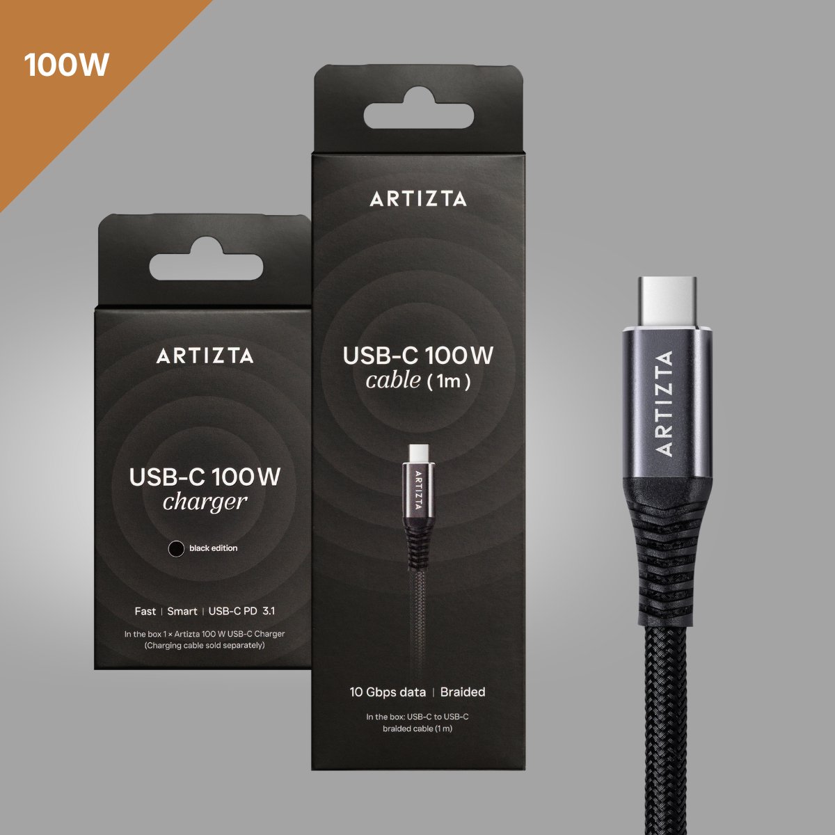 Artizta USB-C Snellaadset 100W – Compacte lader + gevlochten USB-C kabel (1m) – Geschikt voor laptop, tablet, smartphone – Zwart