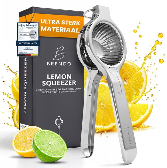 Zilverkleurige citruspers met "Lemon Squeezer" verpakking, citroenen, limoen en spetters. Gemaakt van "ultra sterk materiaal".