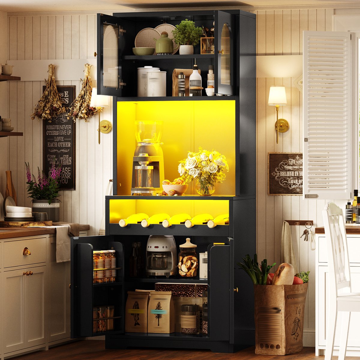 HAUSS SPOLE Buffetkast - Met App-Gestuurde RGB Led En Gebogen Glazen Deuren - Voor Keuken En Eetkamer - MDF En Metaal - 70x38,3x180 Cm - Zwart