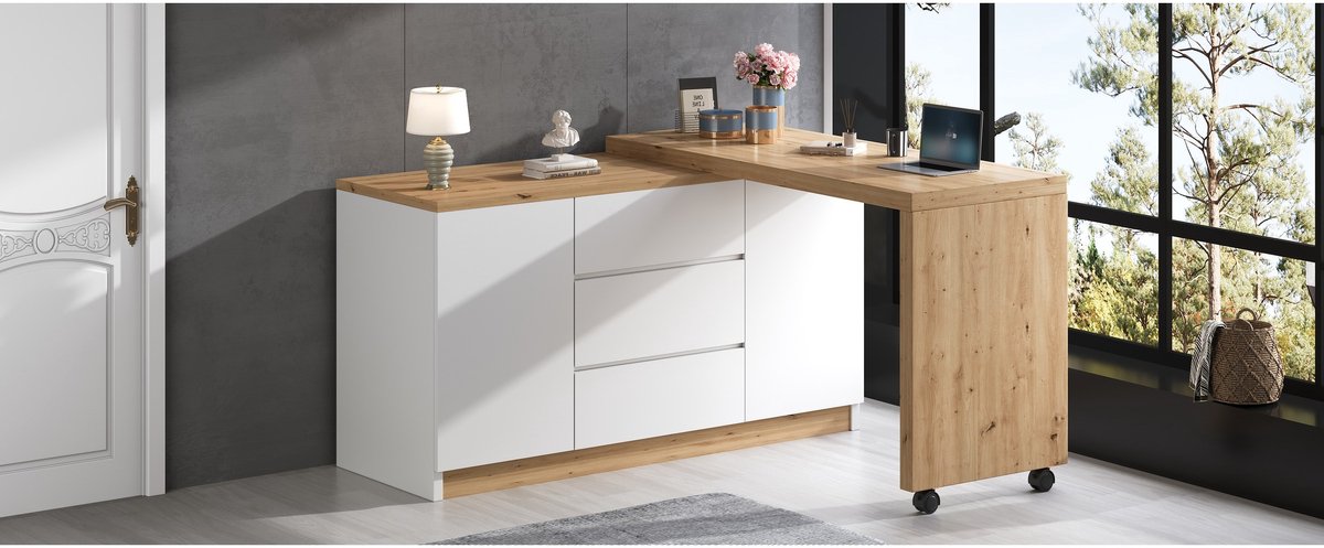 YYchan hoekbureau - wit - 120 x 50 x 76,5 cm + 50 x 76,5 cm - met lade - met opbergruimte - met wielen