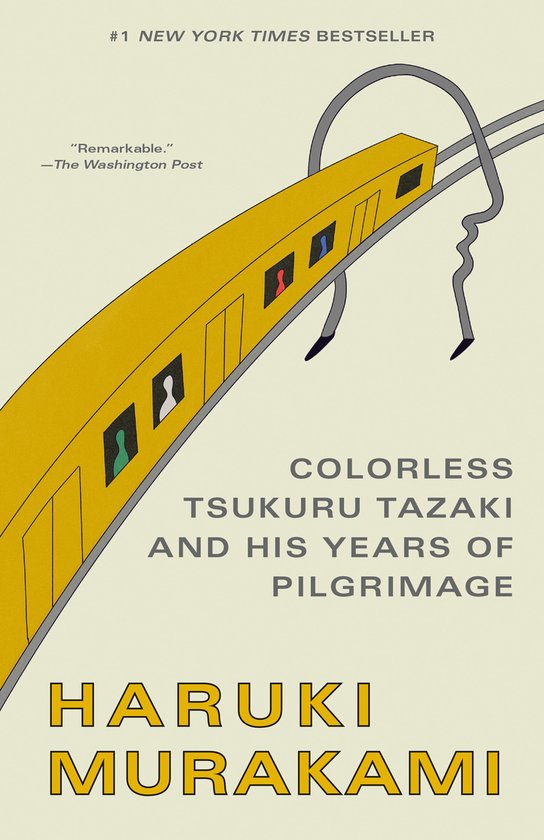 Boekcover 'Colorless Tsukuru Tazaki and His Years of Pilgrimage' van Haruki Murakami met een gele trein.