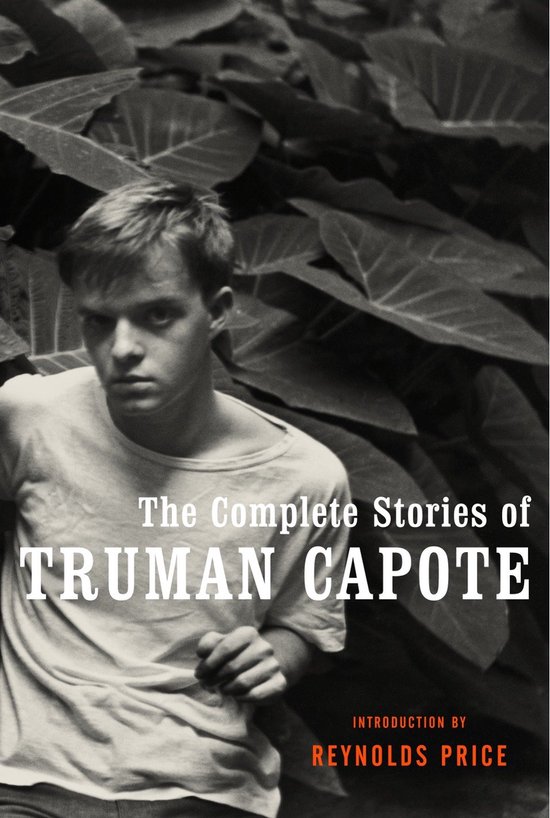 Zwart-wit portret van een jonge Truman Capote in een T-shirt, met de titel 'The Complete Stories of Truman Capote'.