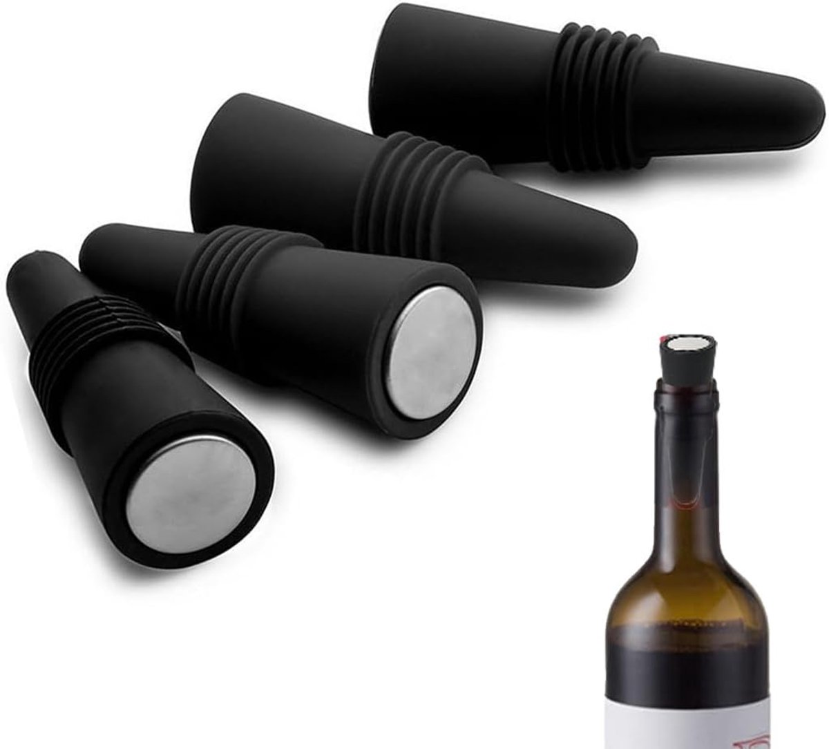 Wijnstoppen set van 4 - herbruikbaar silicone - zwarte kleur - behoud van versheid - ShopVlot