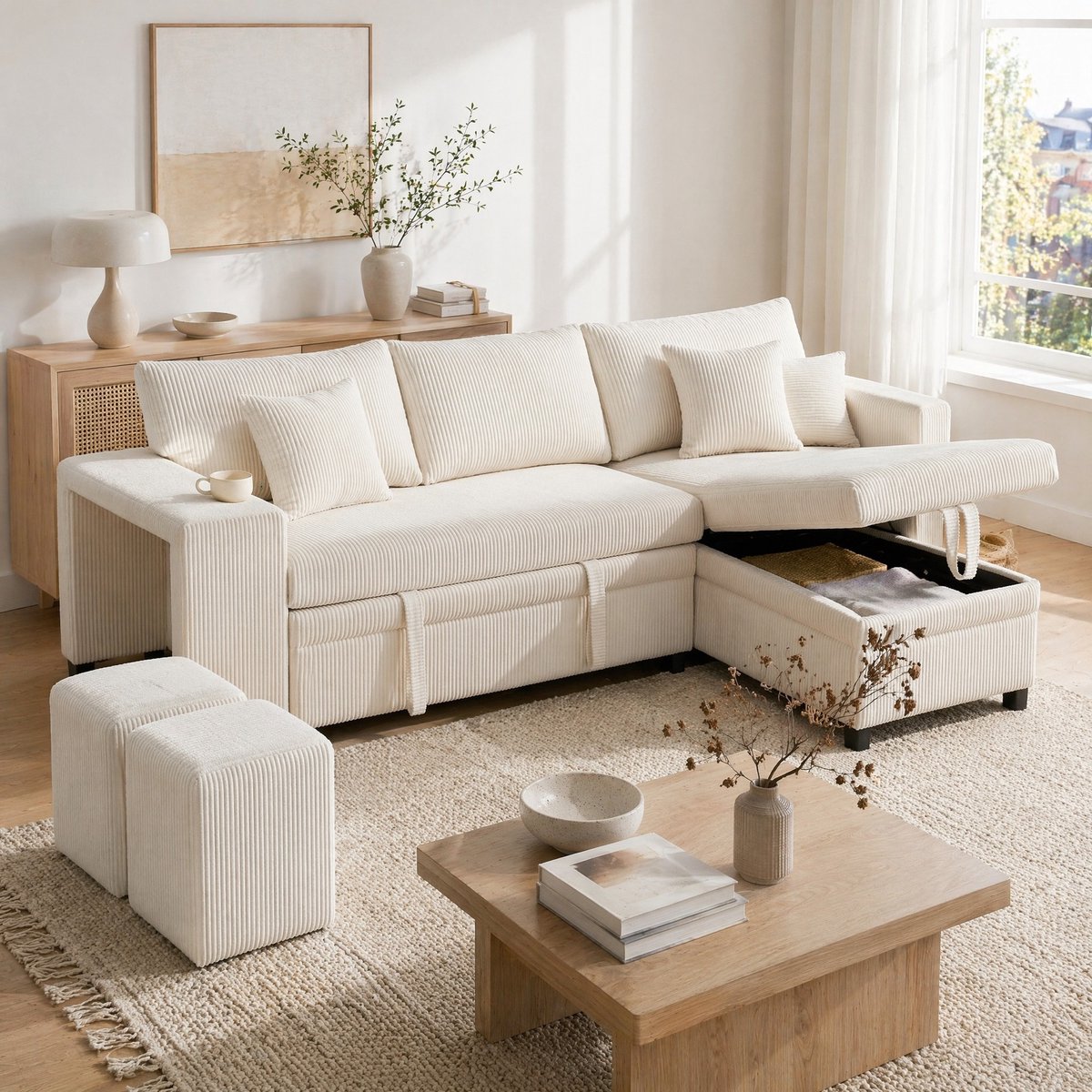 MEUNIQ L-vormige slaapbank hoekbank 231 x 131,5 x 84 cm met opbergruimte, USB- en Type-C-aansluiting, corduroy, beige