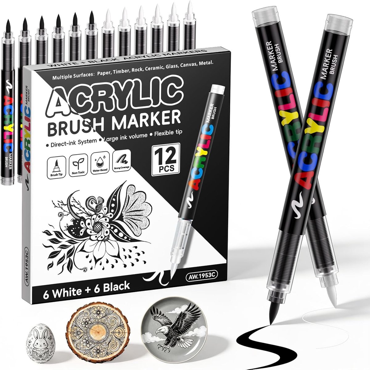 Acrylverfstiften 12 Stuks - 6 Zwart & 6 Wit - Punt van 1-5 mm - Perfect voor rotsschilderen en meer - ShopVlot