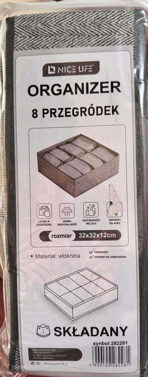 Grijze Lade Organizer 32x32x12cm met 8 Vakken