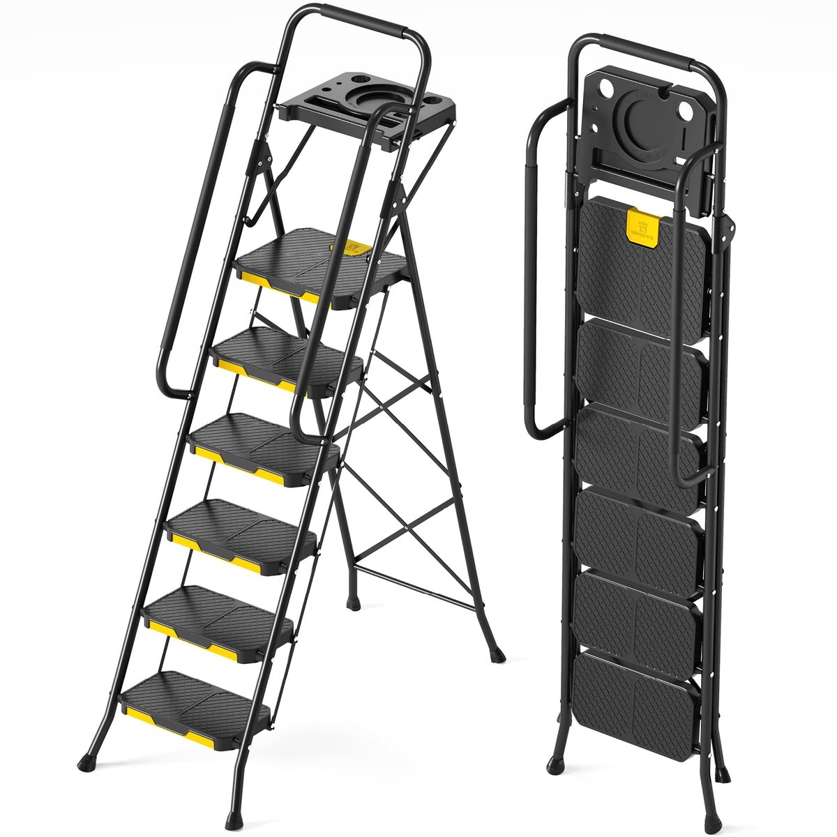 Ladder 6-traps met gereedschapsplatform - opvouwbare steiger - stevige staalconstructie - ideaal voor schilderwerk - ShopVlot