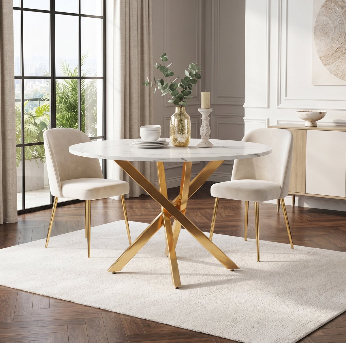 STILVORA Eettafel - Ronde Tafel Met Marmerlook En Gouden X-poten - Modern Voor Eetkamer En Keuken - MDF - 80x80x75 Cm - Wit Goud