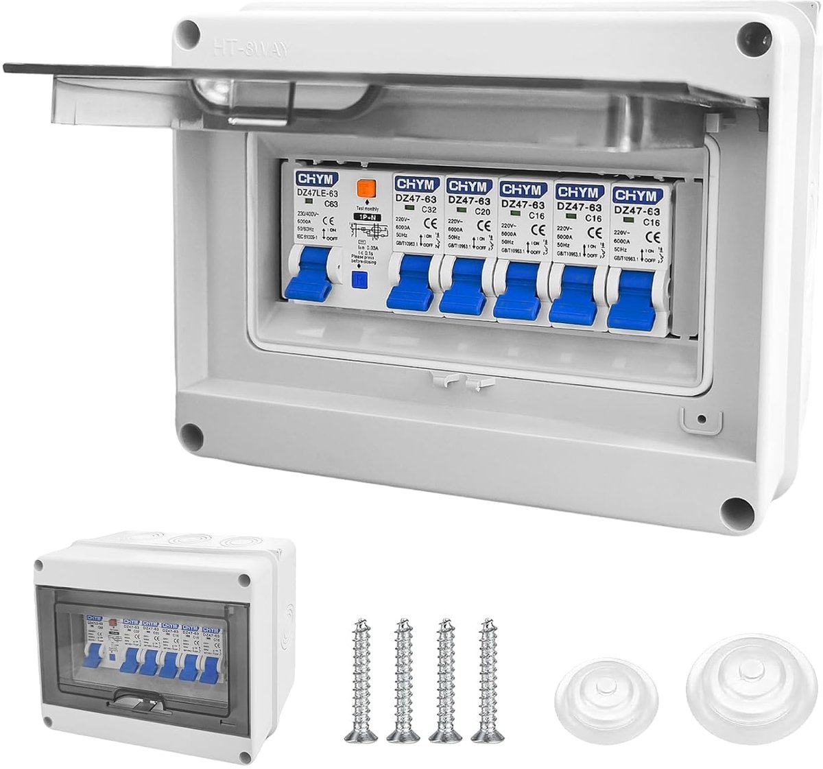 Verdelerskast met FI beveiliging - Opbouwmodel - 63 A/30 mA schakelaar - Veiligheid voor caravans en garages - ShopVlot