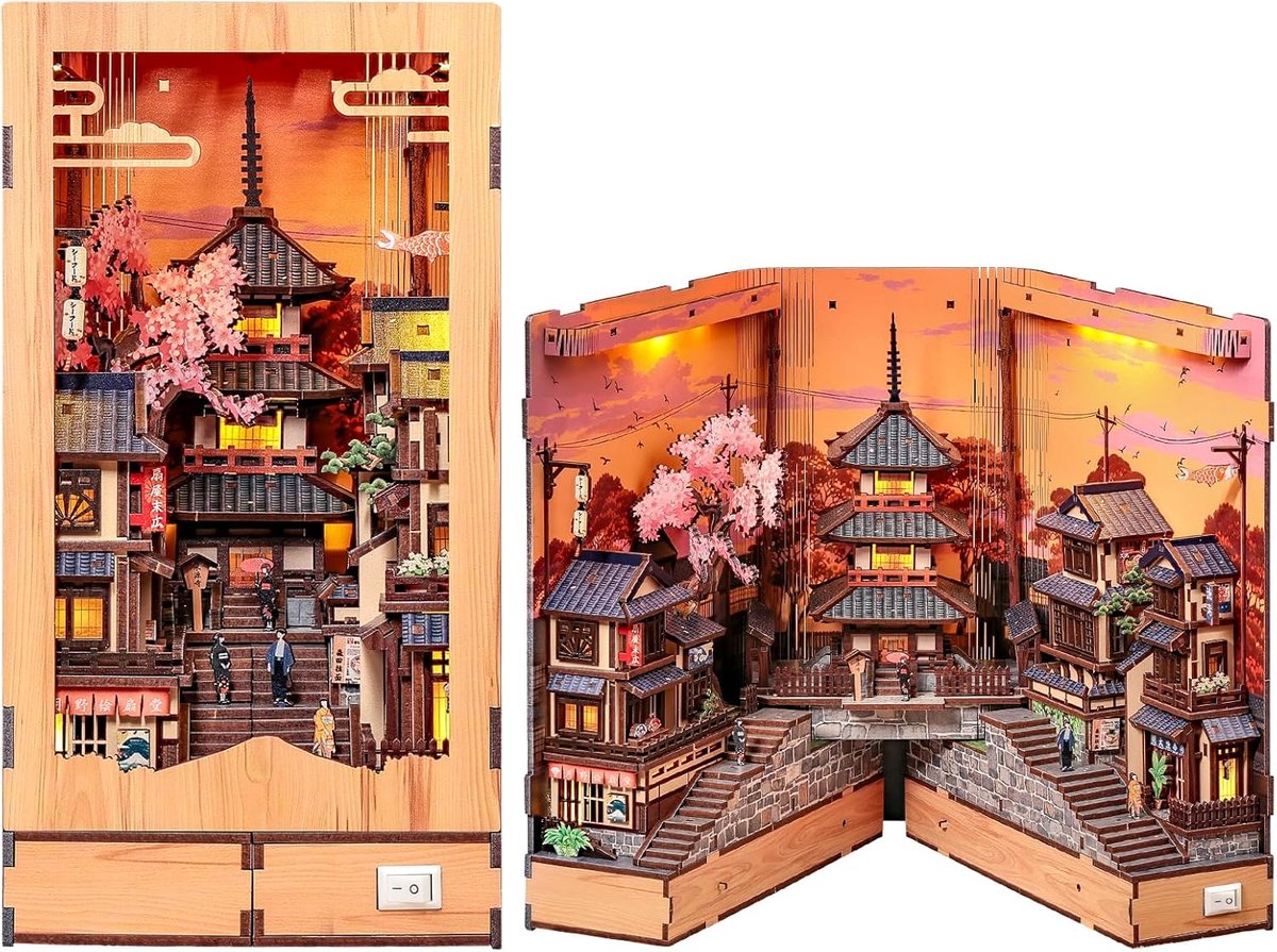Boeknook Kit Sakura Wijnsteeg - 3D Houten Puzzel - LED Boekenplank Decor - Creatief Geschenk voor Boekenliefhebbers - ShopVlot