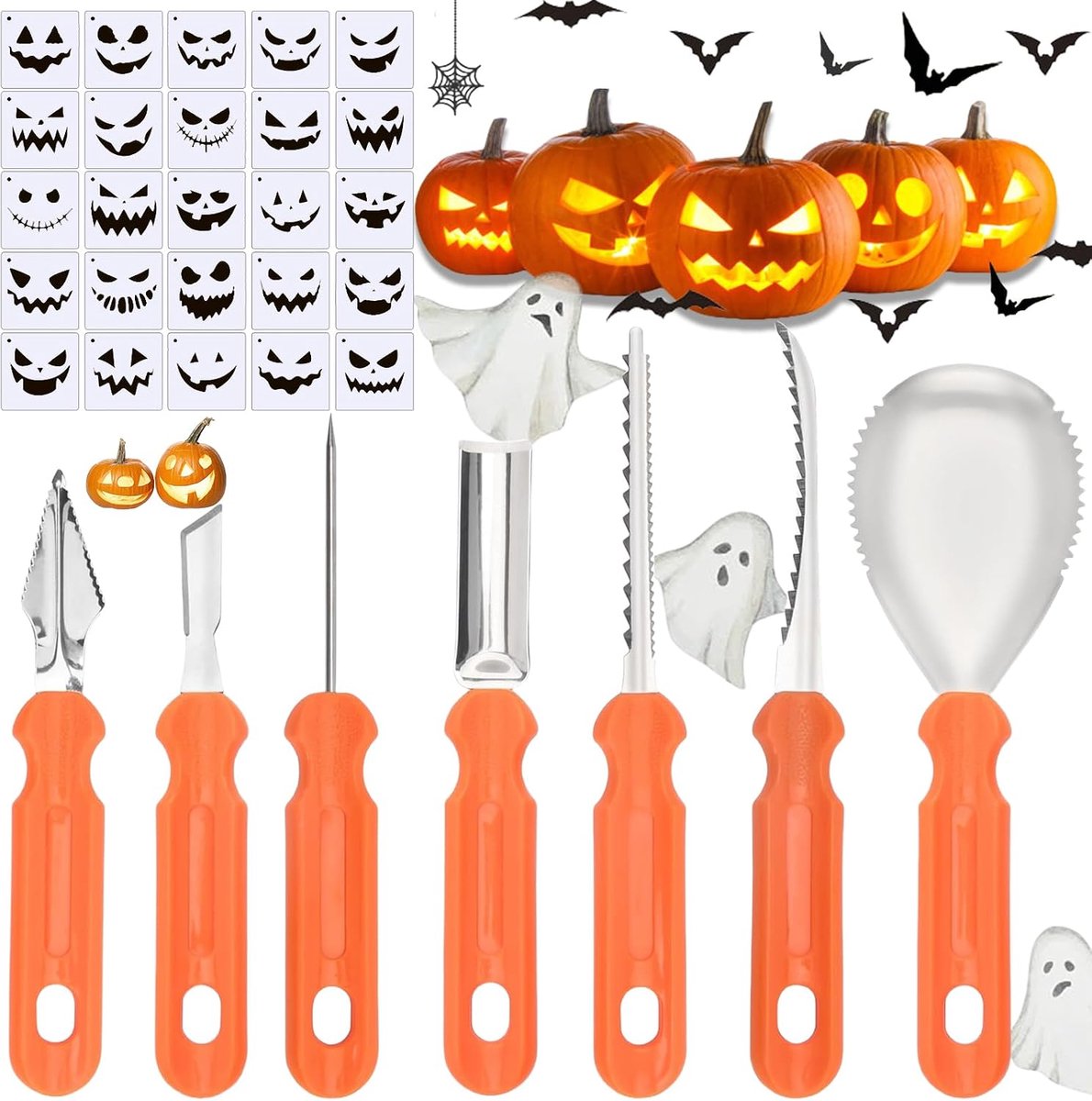 Pompoen snijgereedschap set 7-delig - RVS snijtools - Inclusief 25 sjablonen - Perfect voor Halloween - ShopVlot