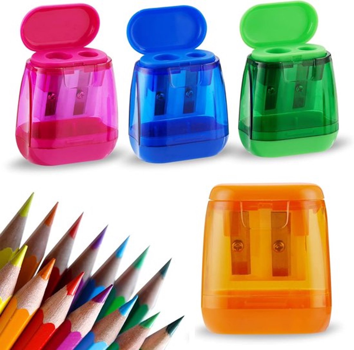 Puntenslijpers, 24 stuks puntenslijpers, handleiding, compacte, gekleurde handpuntenslijper met twee gaten voor kinderen met deksel, volwassenen, studenten, school, klas, thuiskantoor (bedekt，Willekeurige kleur)