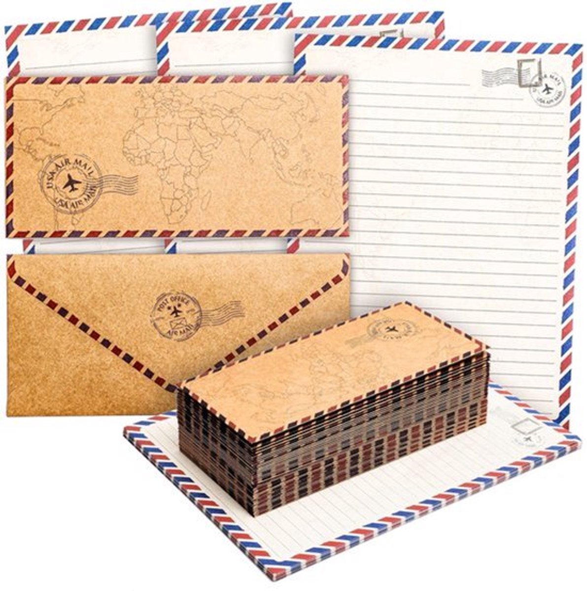 Vintage Reisbriefpapier 48 Stuks - Met CoÃ¶rdinerende Enveloppen - Rood, Wit, Blauw Gestreept