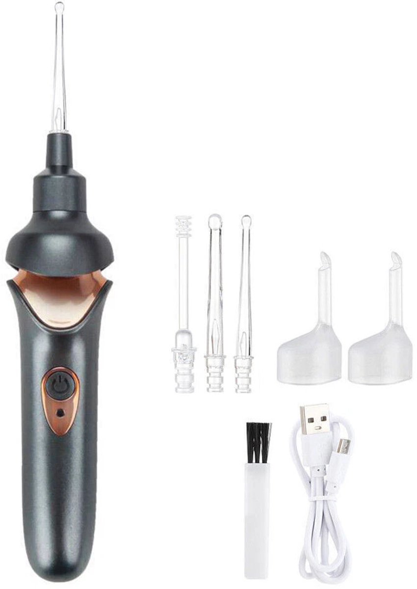 Elektrische oorreiniger – Oplaadbare oorreiniger – Set met zachte uiteinden en LED-lampje – Oorreiniger met zuigfunctie – Oorlepeltje – Nachtgrijs