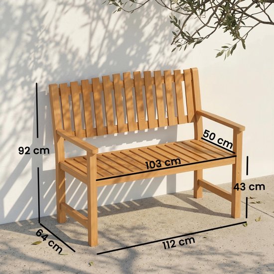 Houten tuinbank met aangegeven afmetingen: 112 cm breed, 64 cm diep, 92 cm hoog, 103 cm zitbreedte, 43 cm zithoogte.