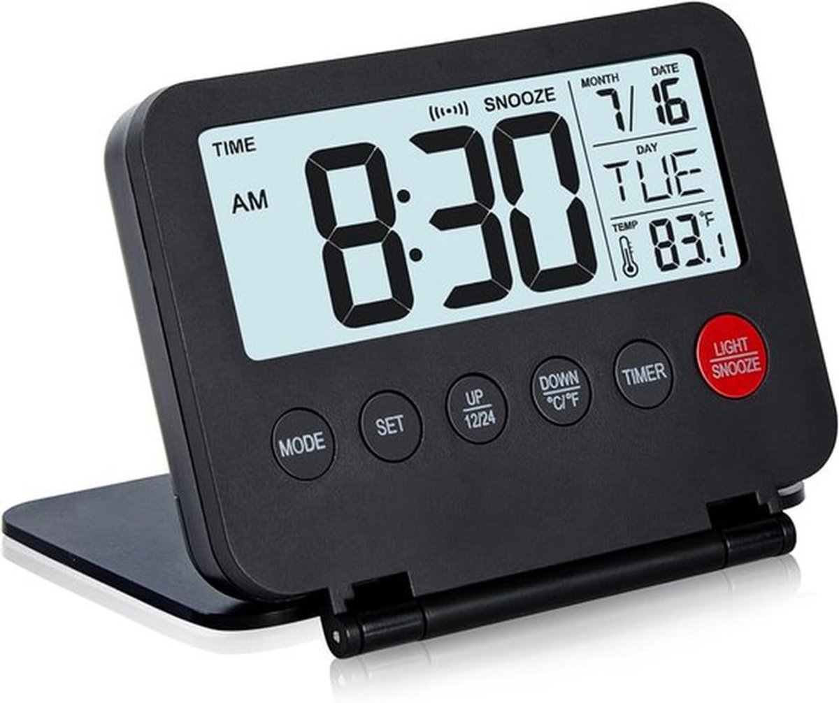 Wekker - Wekker - wekkerradio - Slimline - Kleine digitale reiswekker - groot LCD-scherm - Knop aan de voorzijde geeft datum en temperatuur weer - Met snoozefunctie - Werkt op batterijen - Geschikt voor thuis- en kantoorgebruik（Zwart）