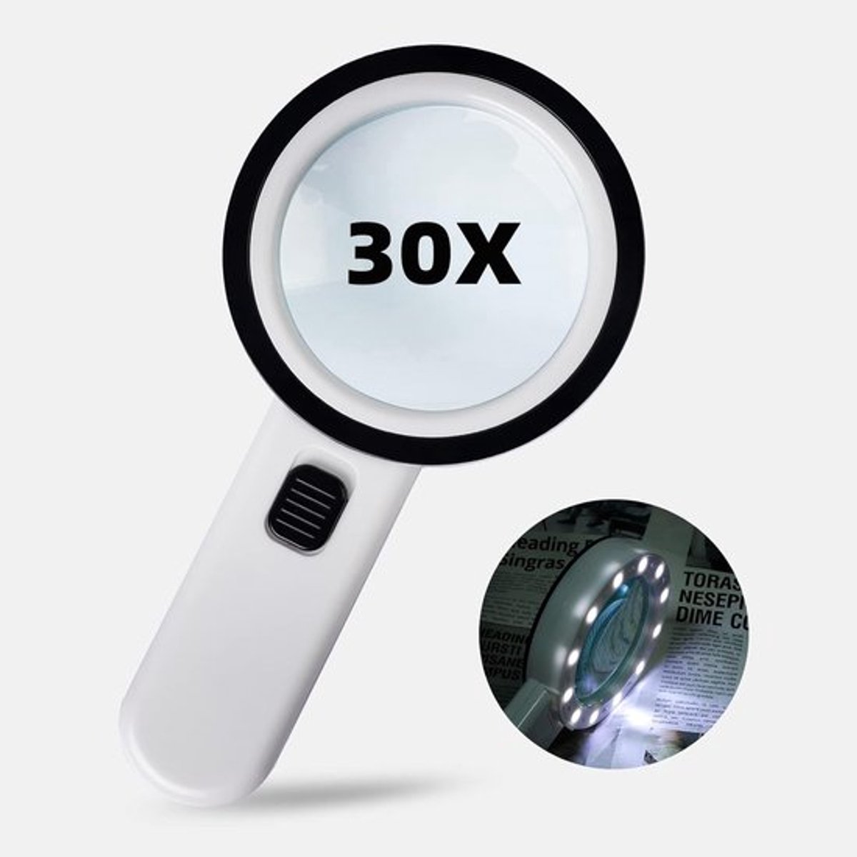 Verlichte loep, 30x handloep, 12 LED verlichte loep voor ouderen met slechtziendheid, maculadegeneratie, lassen, inspectie, munten, sieraden, exploratie