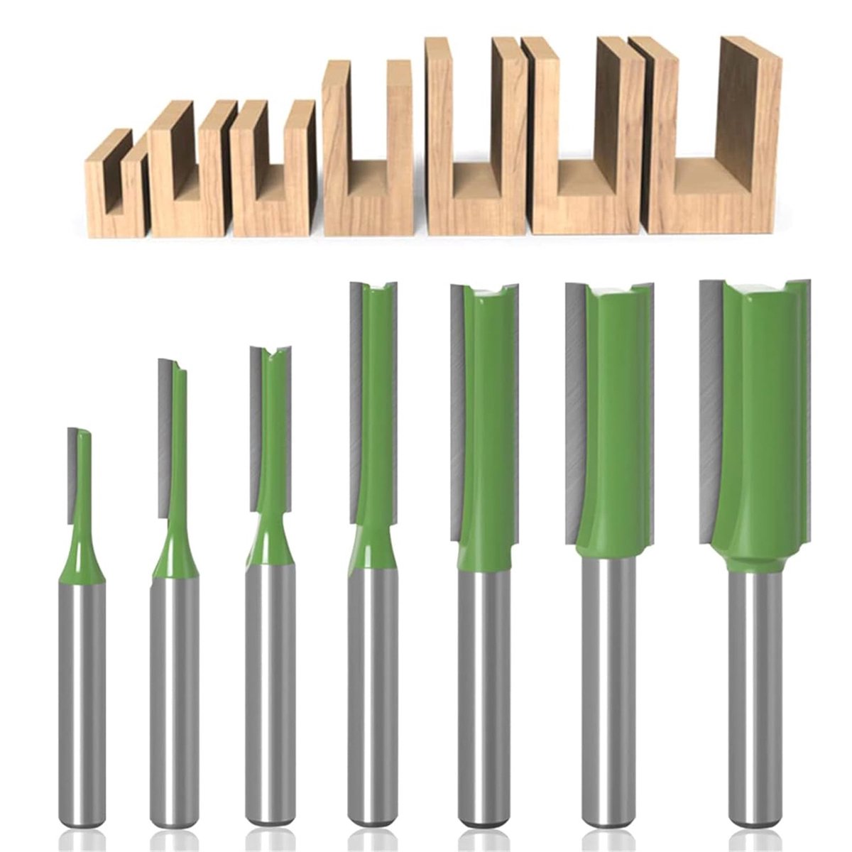 carmdering - 7 Stuks Rechte Frezen Set - 7 Delige Rechte Freesbit Set - Houtbewerkingsfrees - Nauwkeurige Groeven - Schone Snijkanten - Impactbestendig - Voor Massief Hout En MDF - 7 Stuks