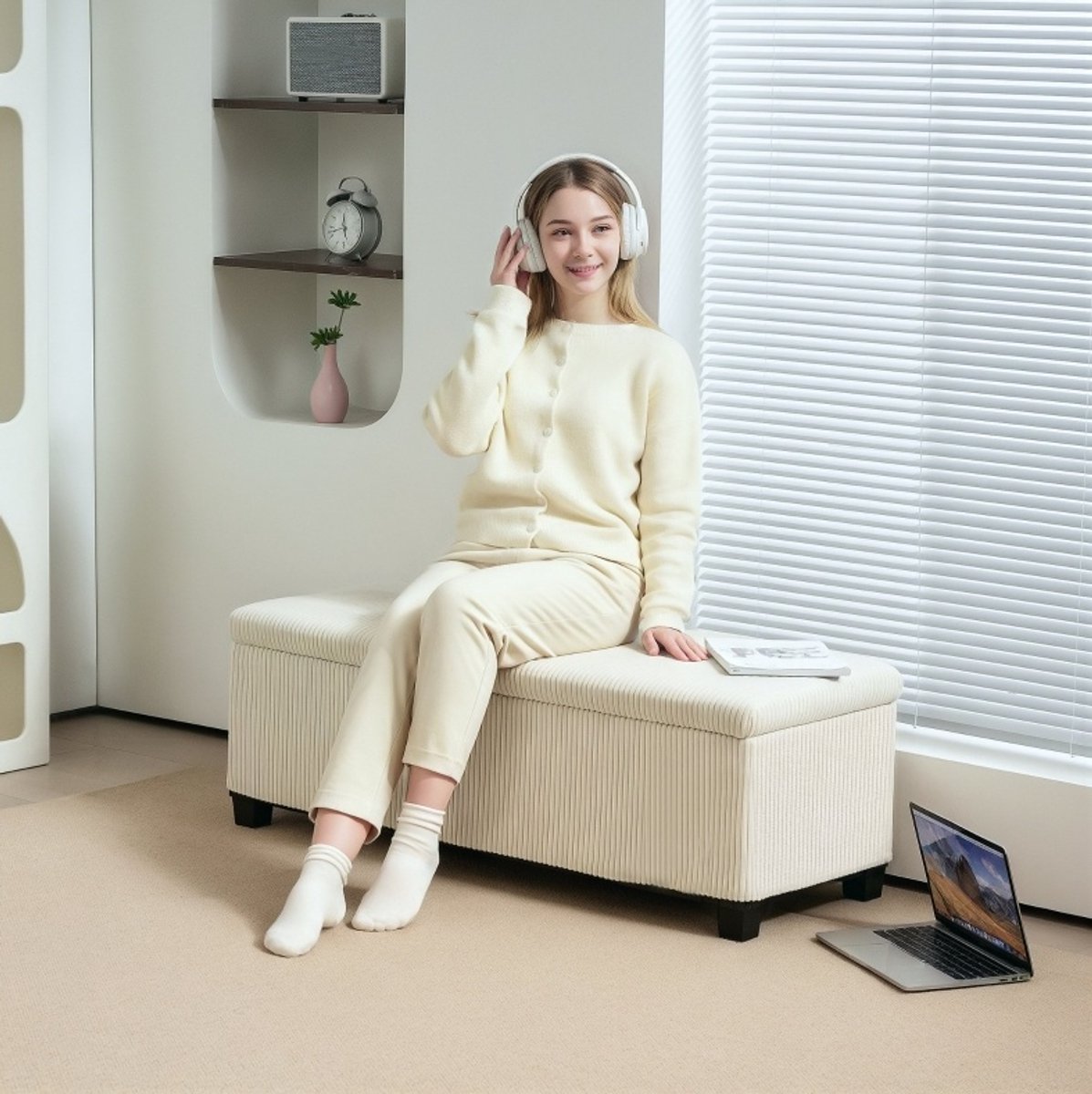 Opbergbank 112 x 42 x 40 cm - Corduroy Beige - Met Stalen Poten En Verborgen Opbergruimte - Voor Woonkamer, Slaapkamer En Hal