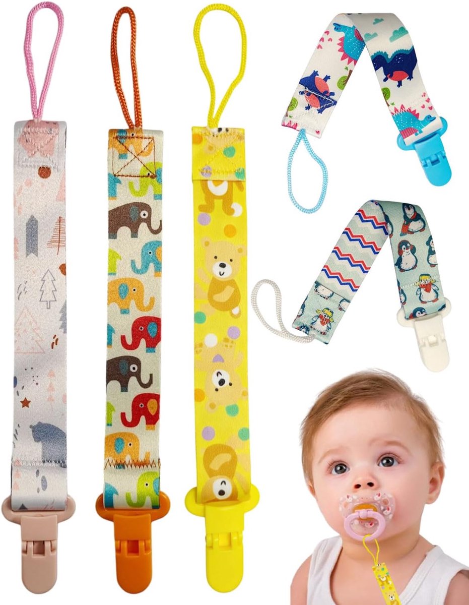 Fopspeenkettingen set van 5 - Dieren ontwerp - Geschikt voor alle fopspeens - Veilig en comfortabel voor baby's - ShopVlot
