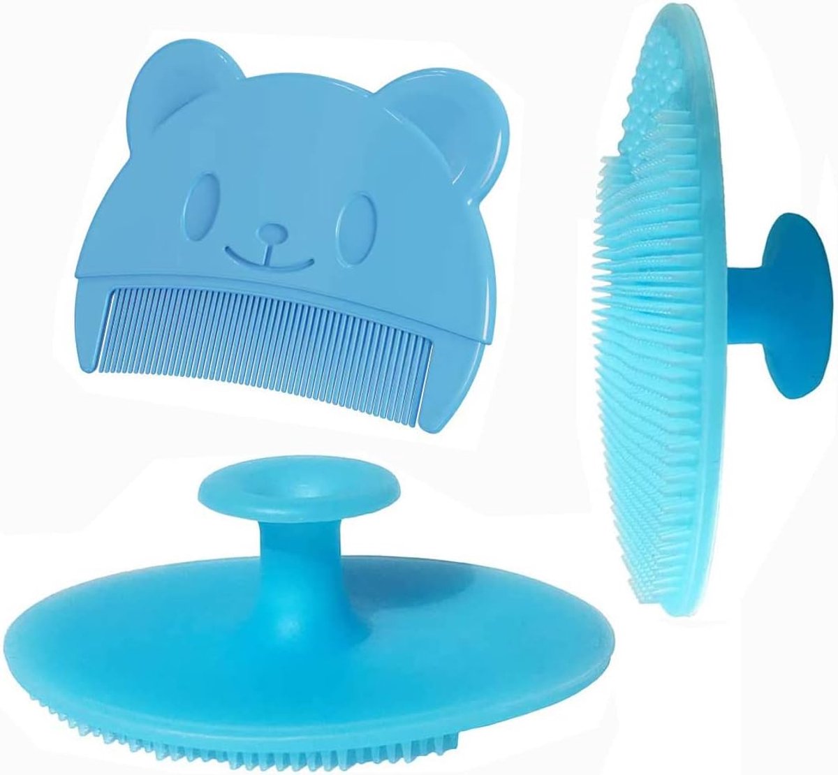 SnelShoppen - Baby Badborstel, Baby Bedkap Borstel, Silicone Massageborstel, Baby Kam, Kinderkam (3 Stuks) Blauw - Veilig, Comfortabel en Multifunctio