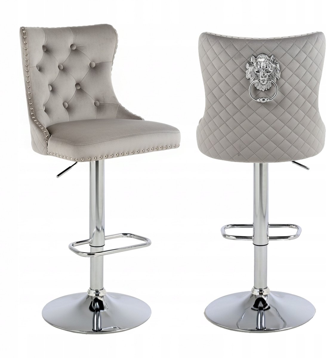 Luxe barstoel lichtgrijs velours glamour met zilveren leeuw