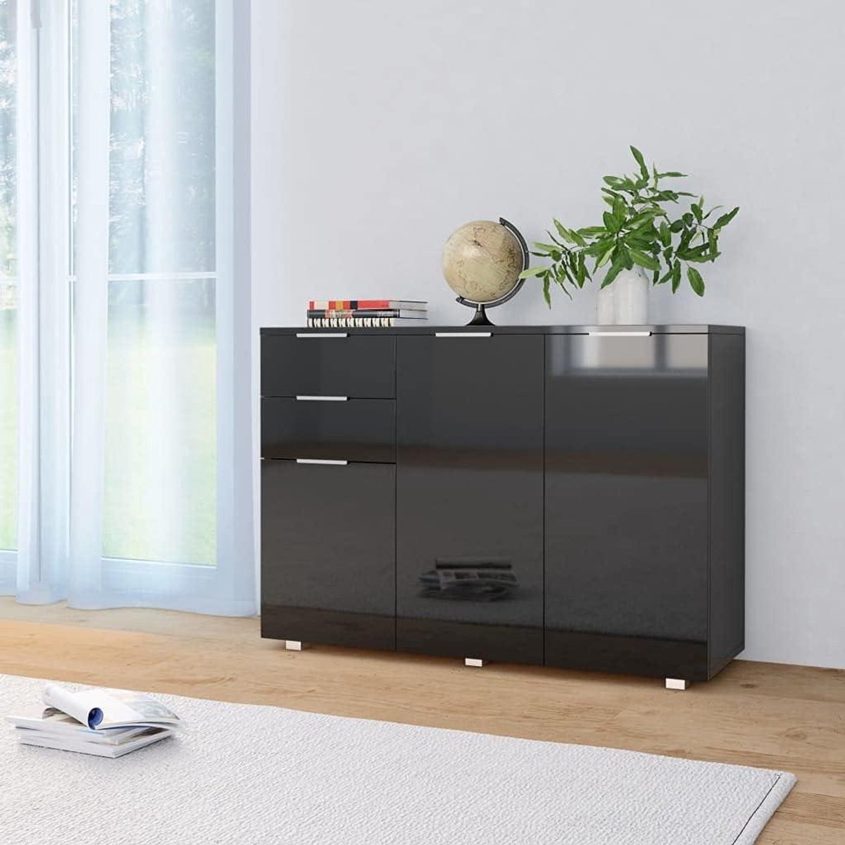 Dressoir Opbergkast - Ladekast Sideboard - Woonkamer Organiseren - Hoogglans Afwerking - 107x35x805 cm - Zwart