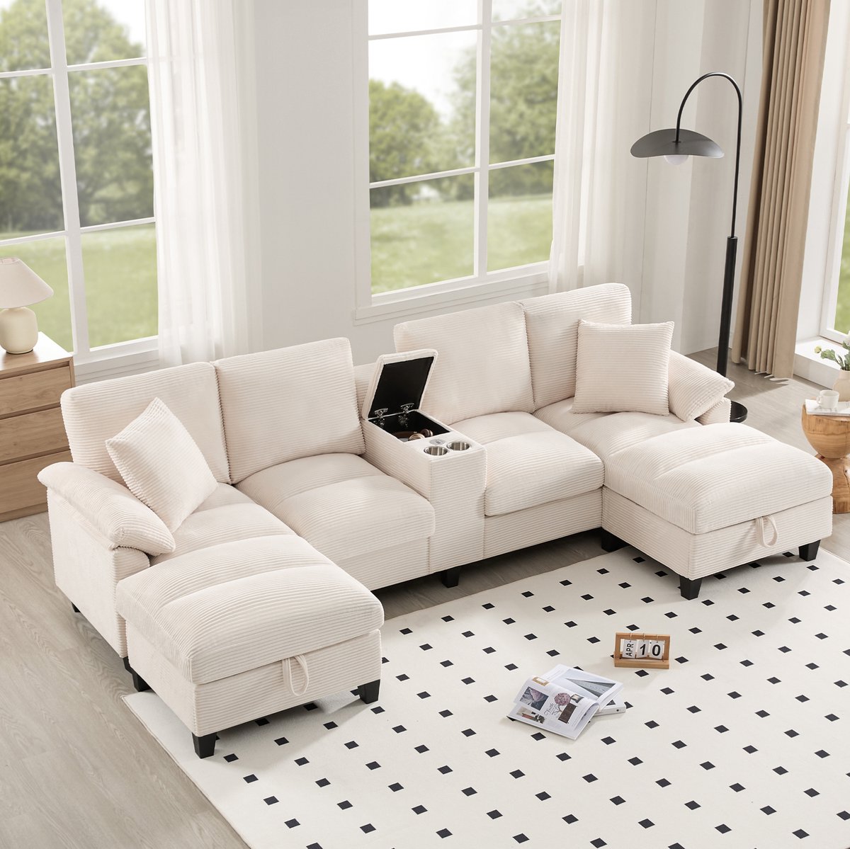 MEUNIQ U-bank 4-zits 293 x 142 x 93 cm met opbergruimte, 2 kussens, bekerhouder en USB-aansluitingen, beige, voor woonkamer