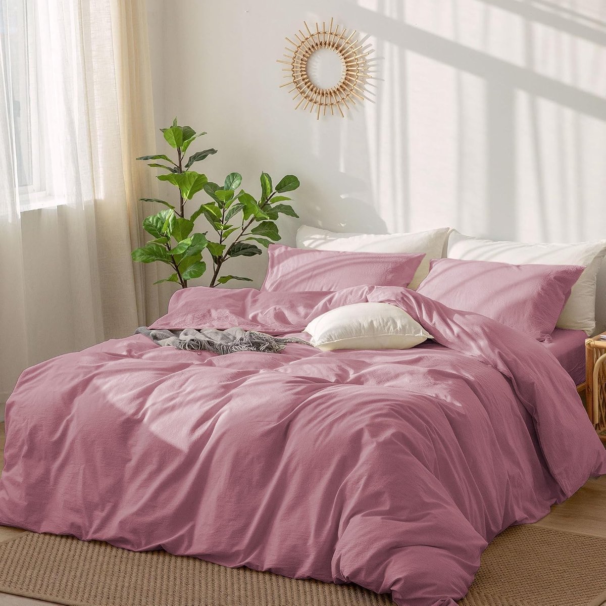Dekbedovertrekset 135 x 200 cm - Katoen Roze - Effen Gewassen - Zacht en Ademend - SnelShoppen