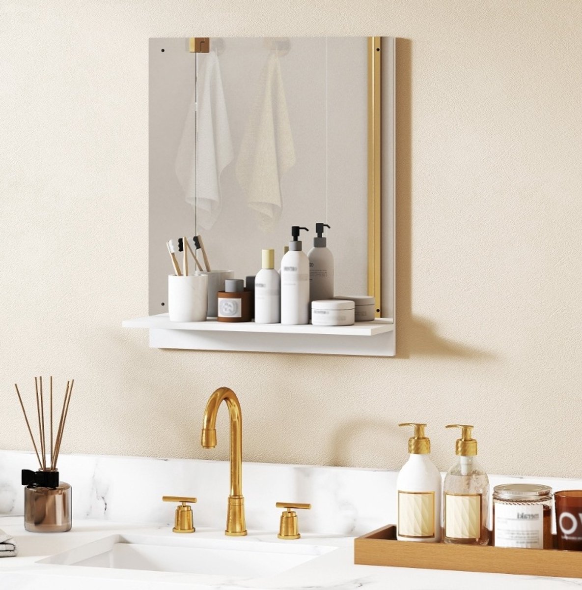 Badspiegel Met Plank 50 X 60 Cm Wandspiegel Van Glas En Kunststof In Wit Voor Badkamer Hal En Woonkamer Met Moderne Uitstraling