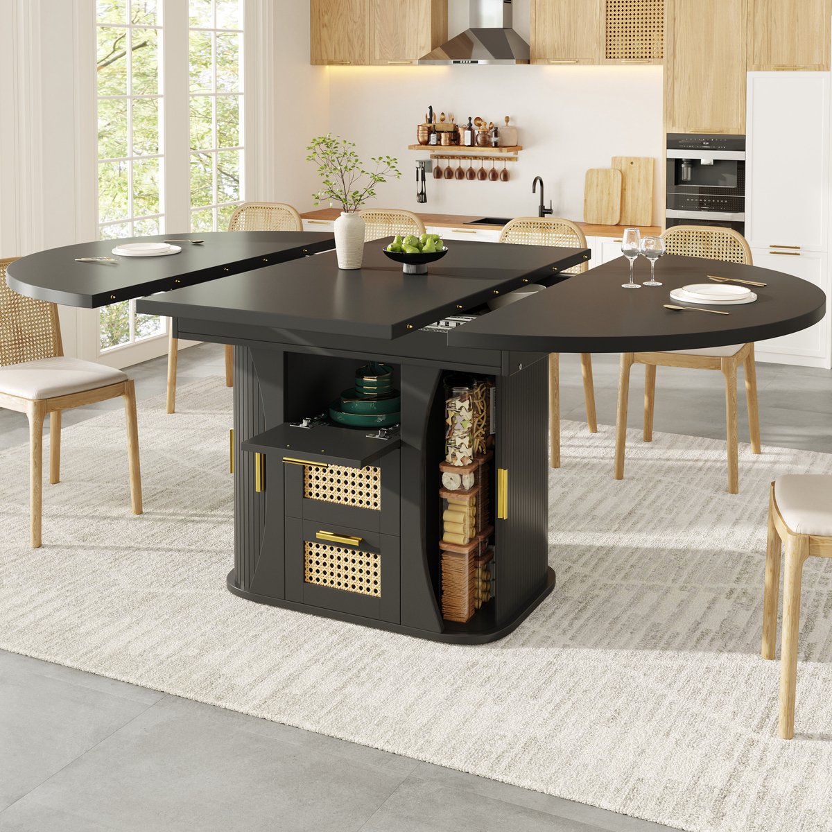 MODFU Eettafel - Uitschuifbaar - Opbergruimte - Rattanlades - MDF - Metaal - Zwart - 118-158 cm