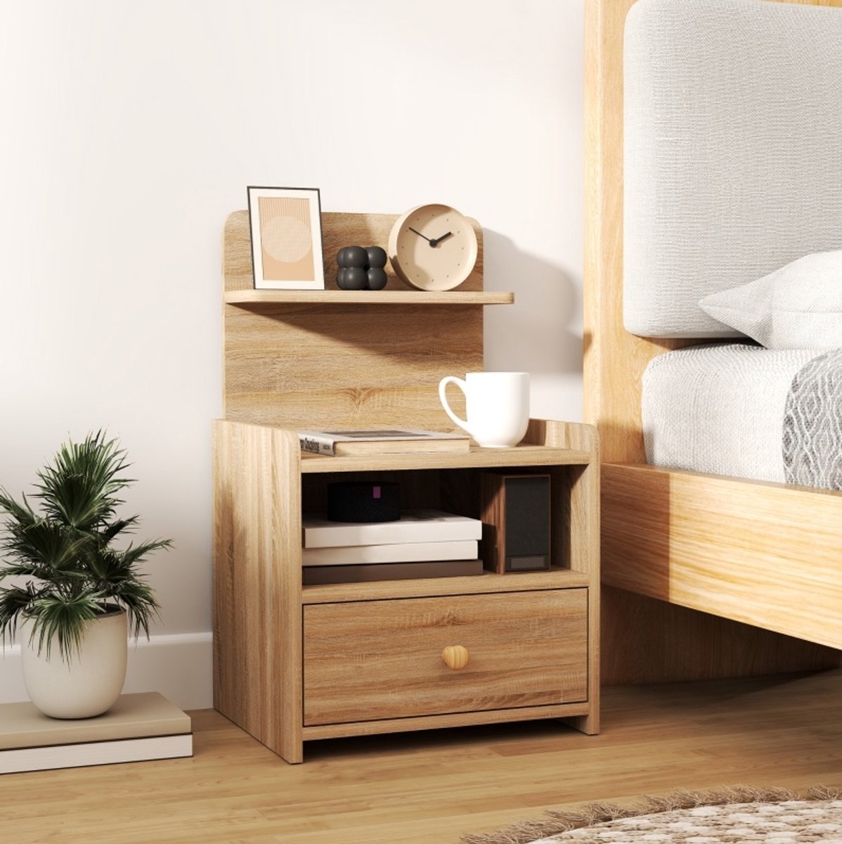 DESMIU Bedtafel Met Opbergruimte En Lade - Modern Design Voor Slaapkamer En Woonkamer - Spaanplaat - Naturel Hout - 40 X 35 X 66 Cm