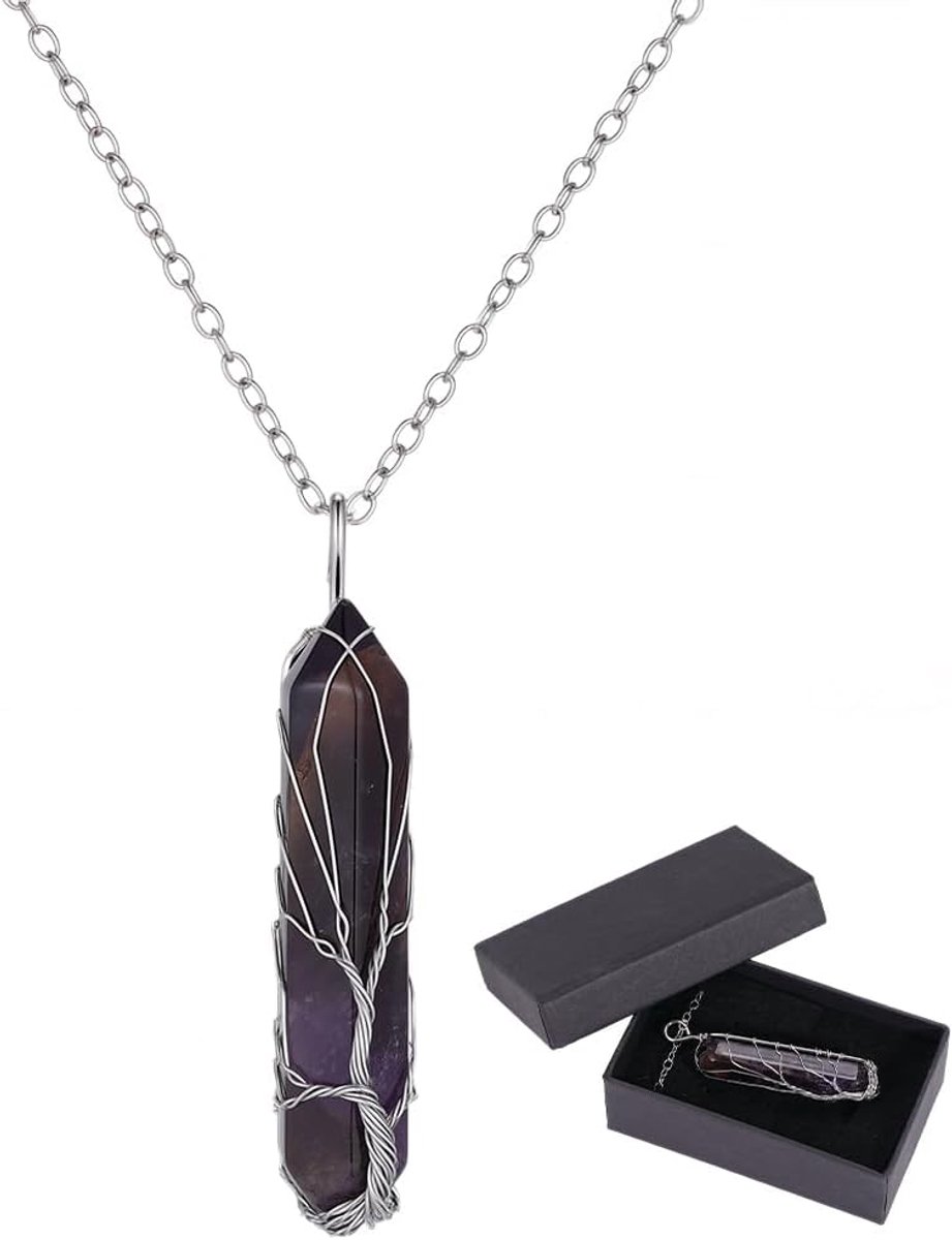 Amethyst Necklace with Gift Packing Box Tree of Life Purple Crystal Hexagon Chakra Stone Spiritual Reiki Energy Gemstone Charm Necklaces for Jewellery Making Women Men Brithday Gift