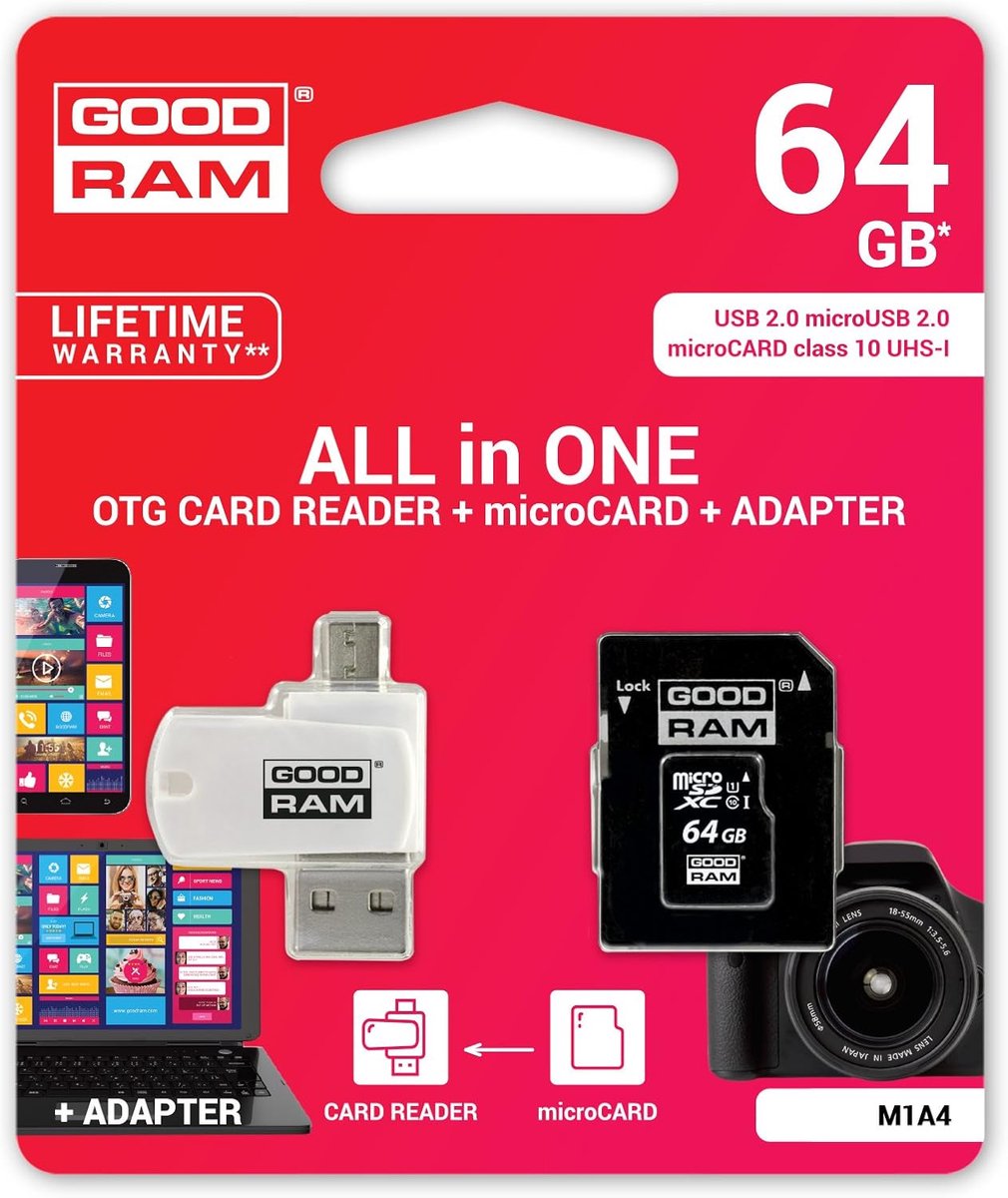 microSD kaart 64GB - all in one met adapter - eenvoudig dataoverdracht - SnelShoppen